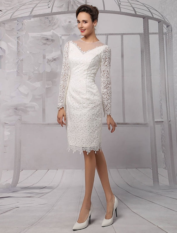 Simple Wedding Dresses 2021 Short Long Sleeve Illusion Neckline koyhole ...