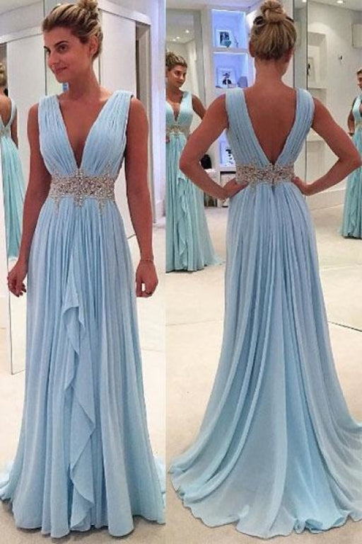A Line V Neck Light Blue Chiffon Prom Dresses, Simple Style Sky Blue L –  jbydress