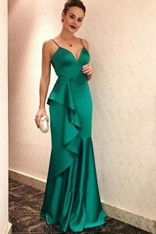 Elegant V Neck Spaghetti Straps Dark Green Lace Long Prom with Slit, D —  Bridelily