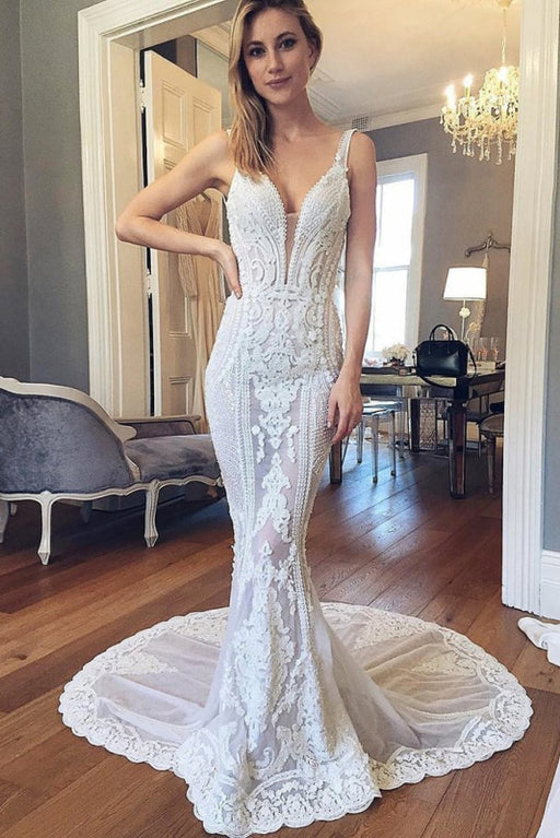 Mermaid Sexy V-Neck Straps Sleeveless Backless Illusion Lace Elegant Petals  Country Long Trailing Wedding Dress - June Bridals