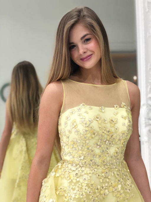 Custom Made A Line Round Neck Lace Yellow Chiffon Long Prom, Yellow La —  Bridelily