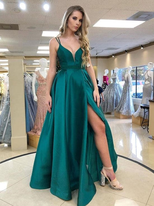 Elegant V Neck Spaghetti Straps Dark Green Lace Long Prom with