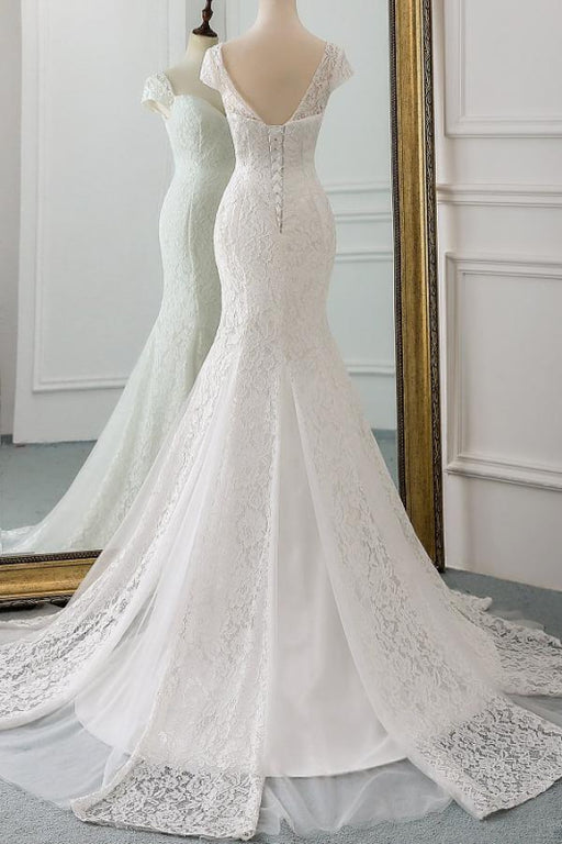 Sexy Mermaid Lace Short Sleeve Backless Wedding Dresses, FC1842