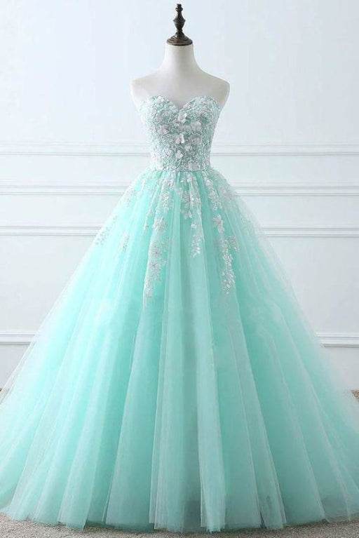 Tiffany Blue Sweetheart Puffy Tulle Prom with Lace Appliques Long Graduation Dress - Prom Dresses