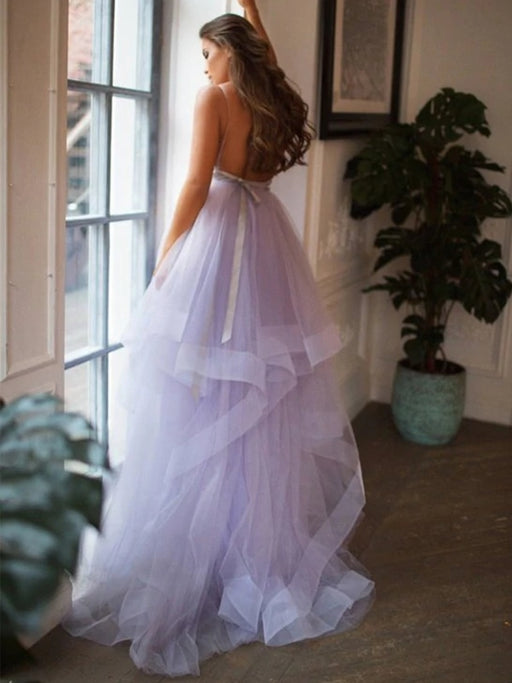 V Neck Backless Purple Tulle Prom Dresses with Belt, Backless Purple H —  Bridelily