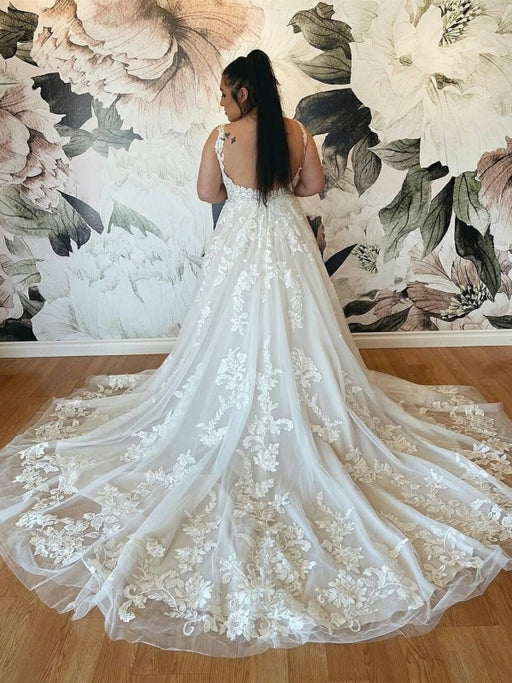 A Line V Neck Lace Appliques White Long Prom Dresses Wedding