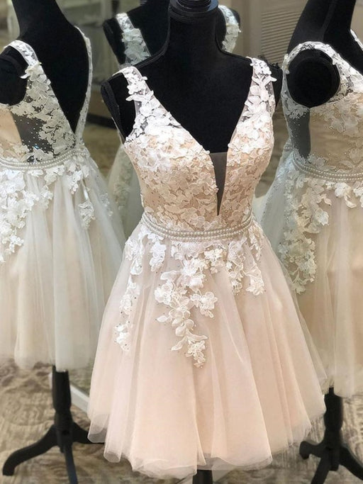 Halter Neck Open Back Champagne Lace Short Prom Dresses, Champagne Lace  Formal Graduation Homecoming Dresses