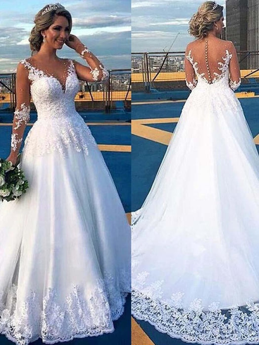 V-Neck Cheap Long Sleeve Lace Wedding Dresses Plus Size - Bridelily