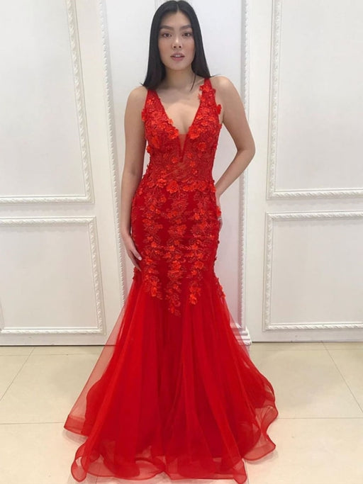 Long Sleeves Mermaid Red Lace Long Prom Dress · wendyhouse