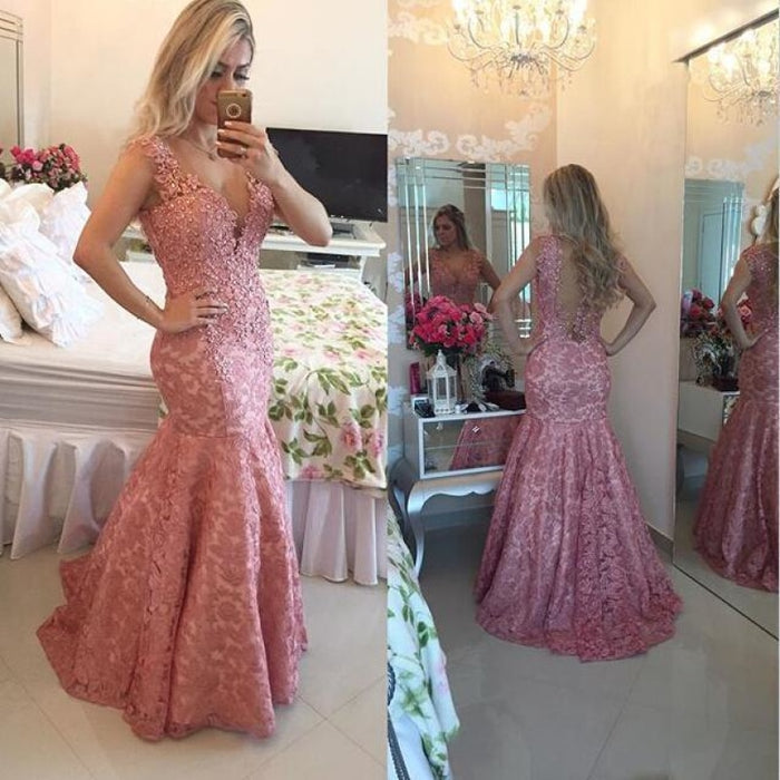 V-Neck Mermaid Two Piece Long Prom Dresses Cheap - Bridelily