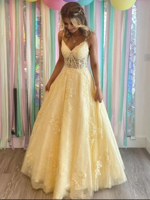 A Line V Neck Tulle Yellow Lace Long Prom, V Neck Yellow Lace Formal, —  Bridelily