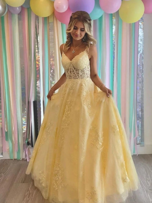 Custom Made V Neck White Lace Appliques Yellow Long Prom Dresses, Yellow  Lace Formal Graduation Evening Dresses