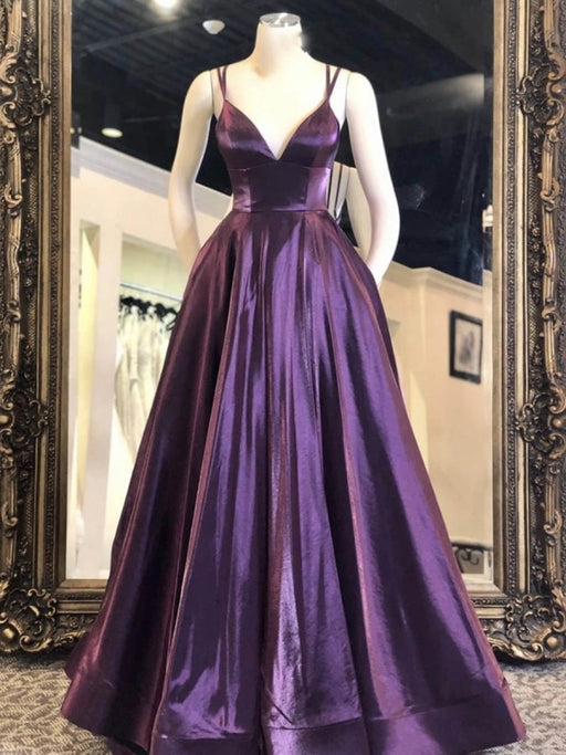Simple V Neck Backless Purple Satin Long Prom Dresses, V Neck