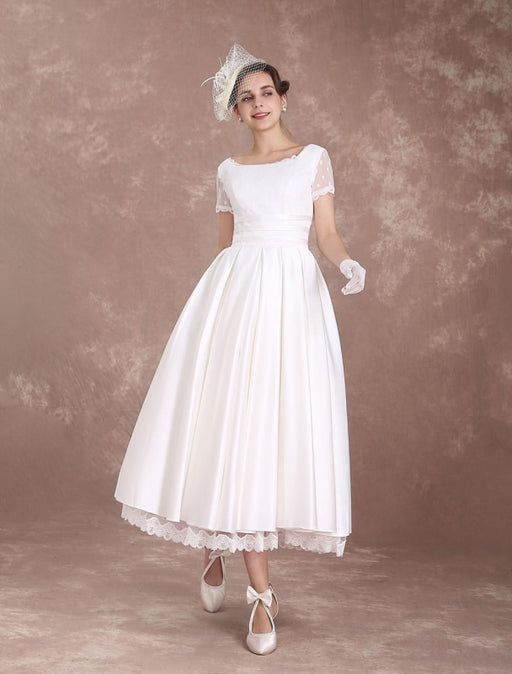 Vintage Long Sleeve Lace Polka Dot 50s Style Tea Length Wedding
