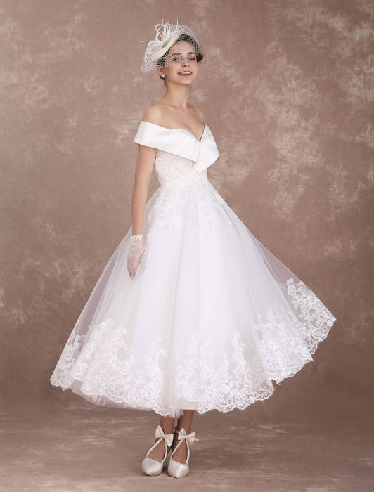 Vintage Wedding Dresses Off The Shoulder Short Bridal Dress 1950's Lace ...