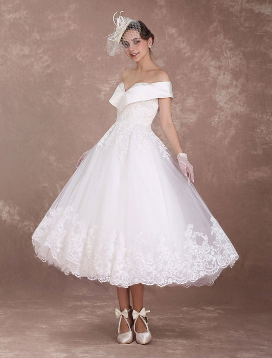 Vintage Wedding Dresses Off The Shoulder Short Bridal Dress 1950's Lace ...