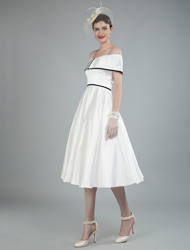 Vintage Wedding Dresses Satin Off The Shoulder A Line Tea Length Short ...