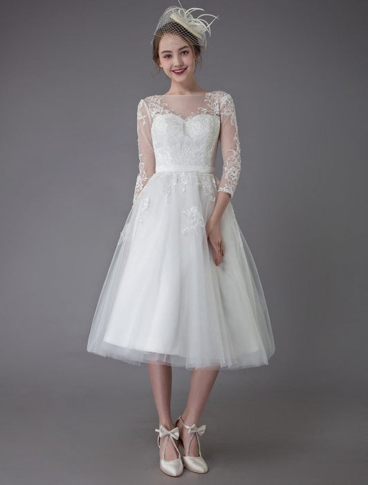 Vintage Wedding Dresses Tulle Bateau 3/4 Length Sleeve A Line Bridal ...