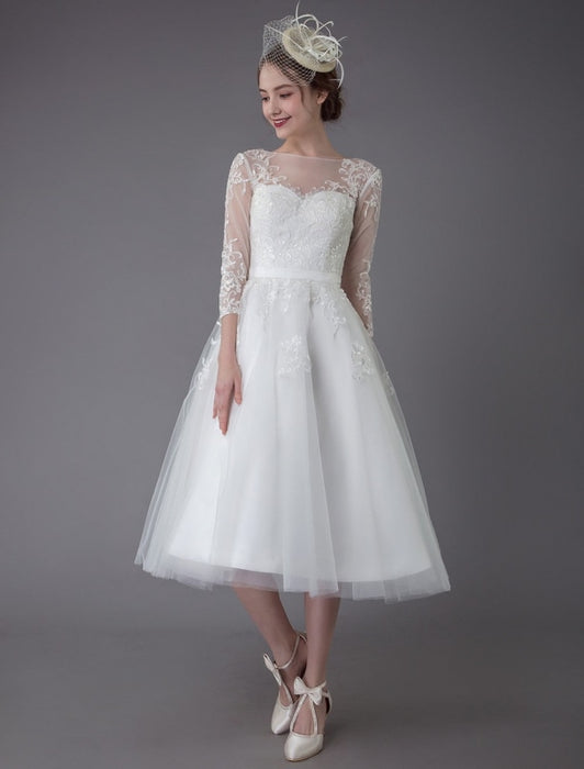 Vintage Wedding Dresses Tulle Bateau 3/4 Length Sleeve A Line Bridal ...