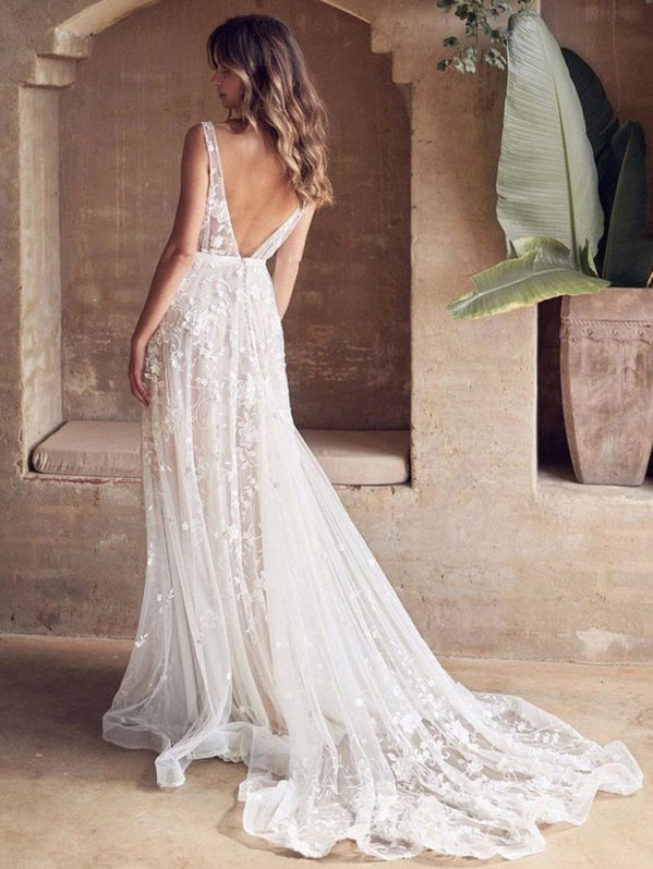 Wedding Dress With Train A Line Sleeveless Lace V Neck Bridal Gowns ...