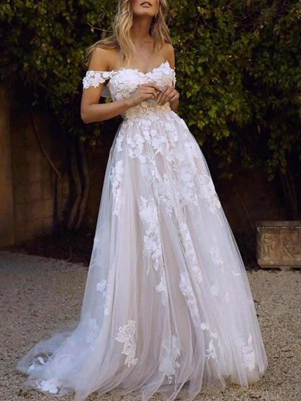 wedding dresses 2021 a line off the shoulder short sleeve lace flora ...