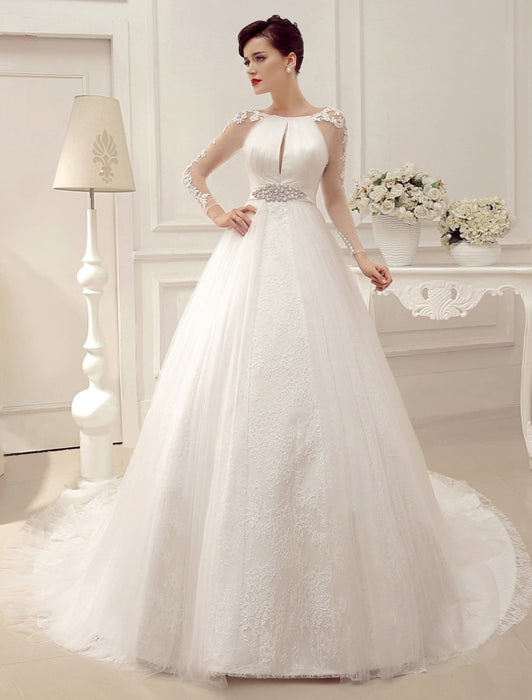Wedding Dresses Ball Gown Bridal Dress Long Sleeve Lace Applique Beaded ...