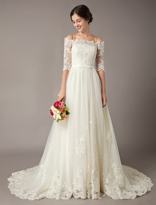 Wedding Dresses Ivory Off The Shoulder Half Sleeve Lace Beaded Bow Sas ...