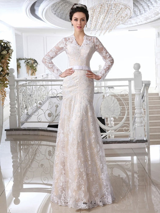Wedding Dresses Lace Champagne Bridal Dress V Neck Long Sleeve Illusio ...