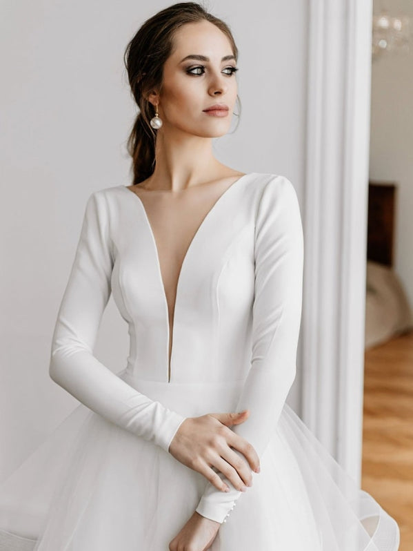White A-line Wedding Dresses Floor-Length Long Sleeves Tiered V-Neck ...