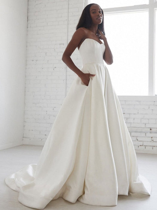 White A-line Wedding Dresses With Train Sleeveless Pockets Strapless ...