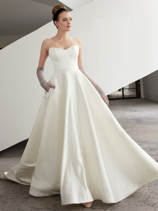 White A-line Wedding Dresses With Train Sleeveless Pockets Strapless ...