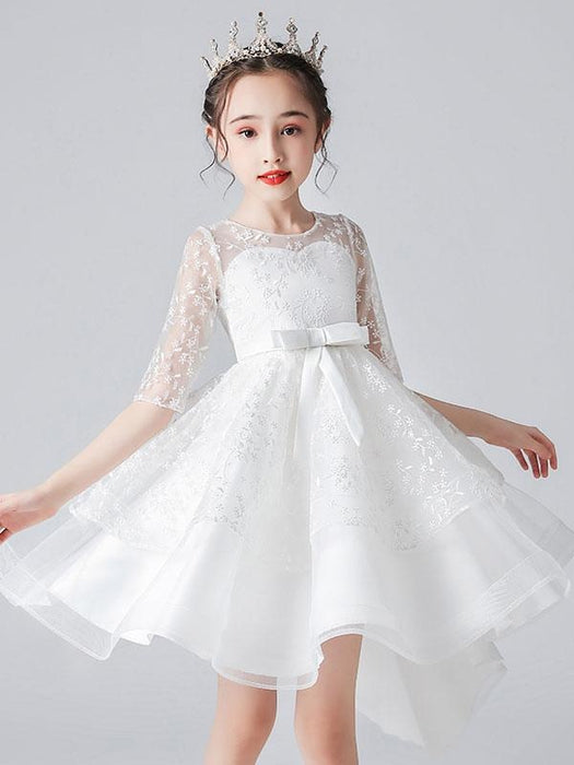 White Flower Girl Dresses Jewel Neck Half Sleeves Bows Kids Social Party Dresses