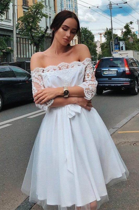 White Off the Shoulder Knee Short Black Prom Dresses 2021 - Bridelily