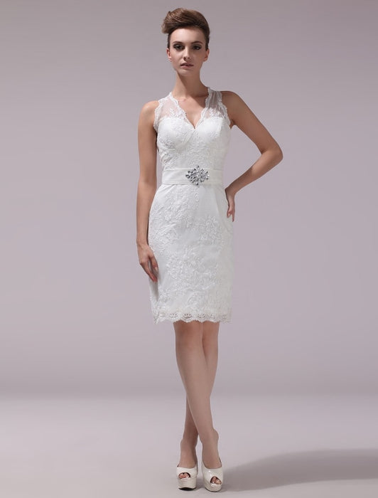 White Sheath Rhinestone Knee Length Lace Wedding Reception Dress With V Neck Misshow — Bridelily 1677