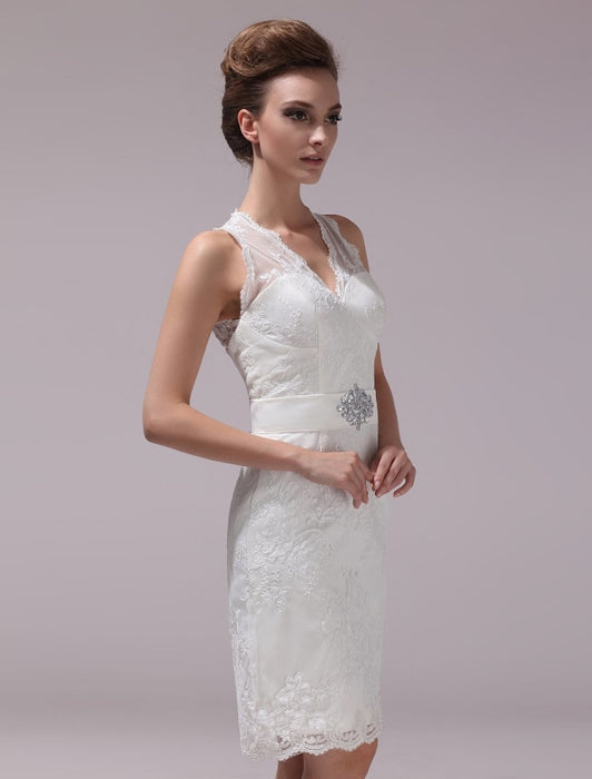 White Sheath Rhinestone Knee Length Lace Wedding Reception Dress With V Neck Misshow — Bridelily 