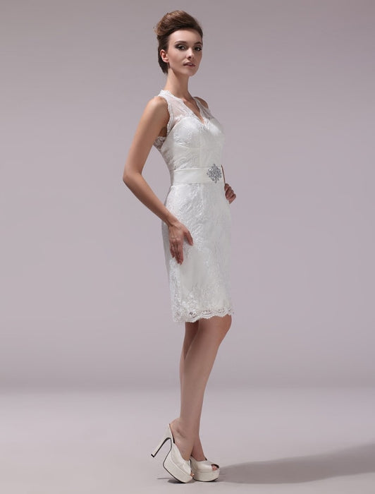 White Sheath Rhinestone Knee Length Lace Wedding Reception Dress With V Neck Misshow — Bridelily 