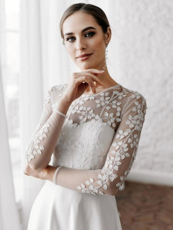 White Simple Wedding Dress A-Line Illusion Neckline Long Sleeves Pearls ...