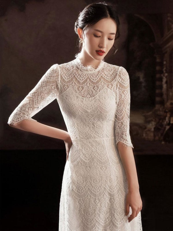 White Simple Wedding Dress A-Line Jewel Neck Half Sleeves Lace Tea Len ...
