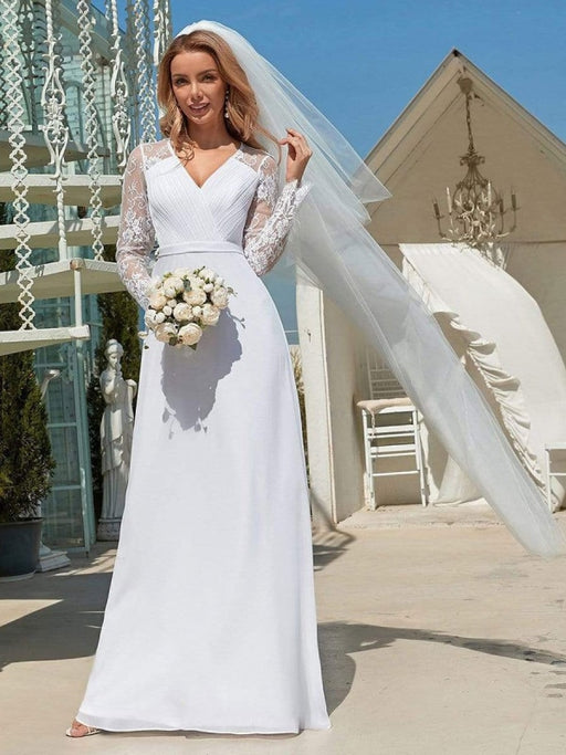 White Simple Wedding Dress A-Line V-Neck Long Sleeves Natural Waist Ch —  Bridelily