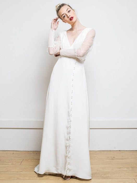 White Simple Wedding Dress Satin Fabric V-Neck Long Sleeves A-Line Tul ...