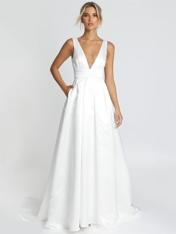White Simple Wedding Dress Satin Fabric V-Neck Sleeveless Backless A-L ...