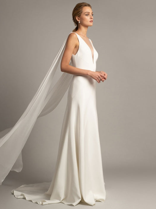 White Simple Wedding Dress Satin Fabric V-Neck Sleeveless Ruffles A-Li ...