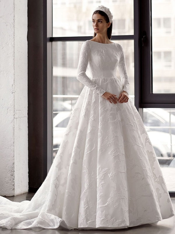 White Simple Wedding Dress With Train A-Line Jewel Neck Long Backless ...