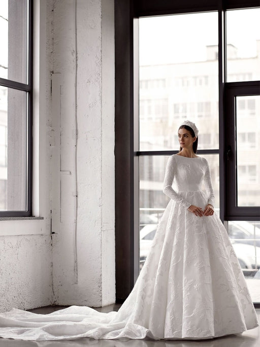 White Simple Wedding Dress A-Line V-Neck Long Sleeves Natural Waist Ch —  Bridelily