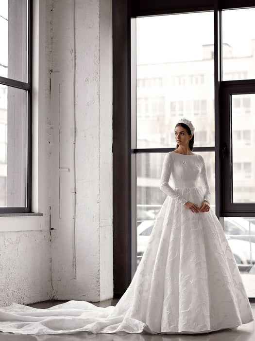 White Simple Wedding Dress With Train A-Line Jewel Neck Long Backless ...