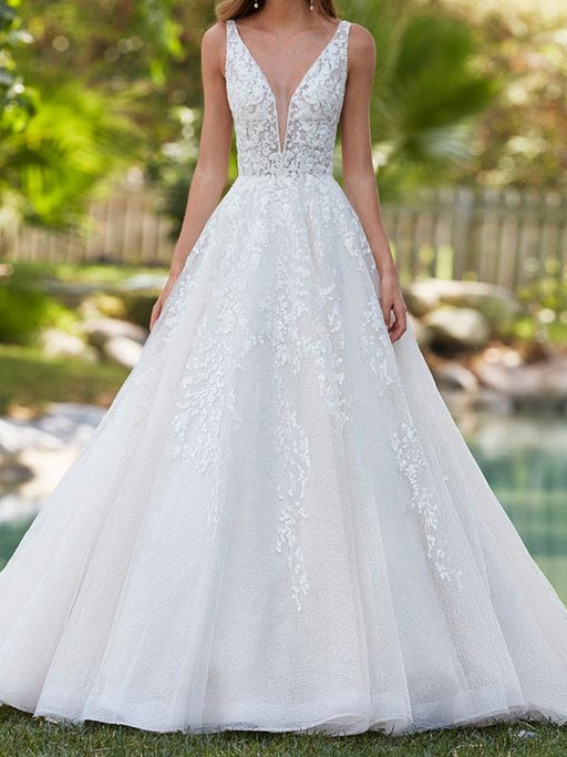 Simple Wedding Dress Tulle A Line V Neck Sleeveless Lace Floor Length —  Bridelily