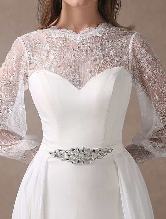 White Wedding Dresses Long Sleeve Lace Chiffon Beading Sash Illusion ...