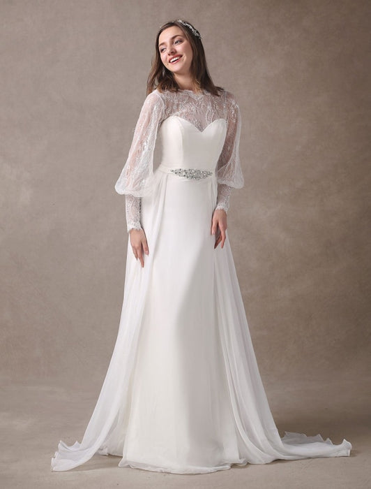 White Wedding Dresses Long Sleeve Lace Chiffon Beading Sash Illusion ...