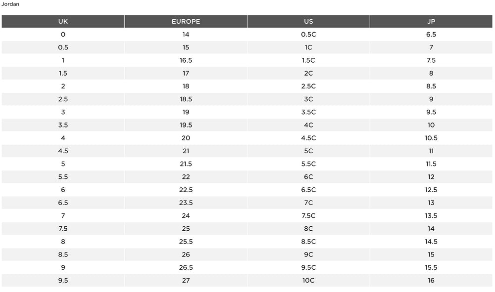 Jordan Shoes Size Chart