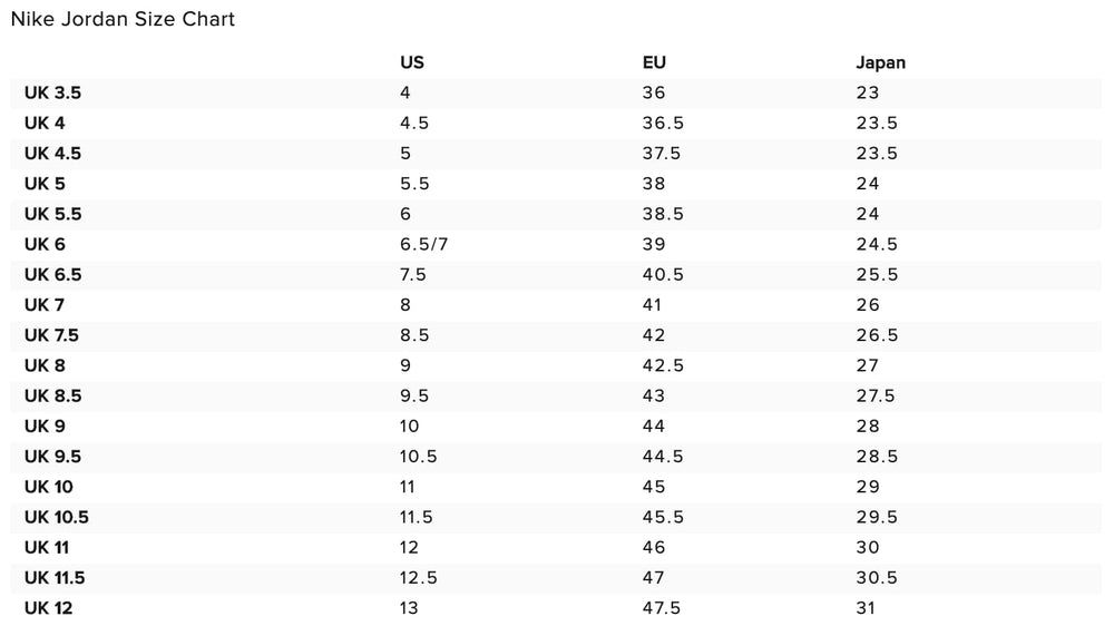 Grade School Size Chart For Jordans